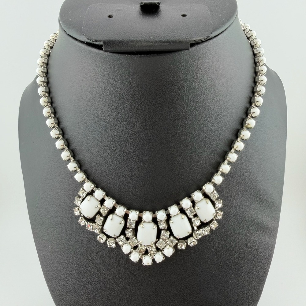 Vintage Womens Milk Glass Rhinestone Bib Necklace White Silver Tone Statement